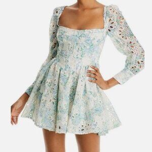 Bardot Lila Flounce Eyelet Dress US 6 Long Sleeve Mini Dress Water Floral $189
